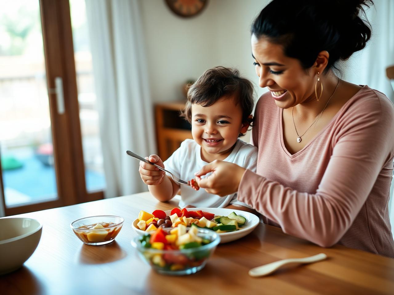 Madre latina acompañando a su hija en terapia de alimentación