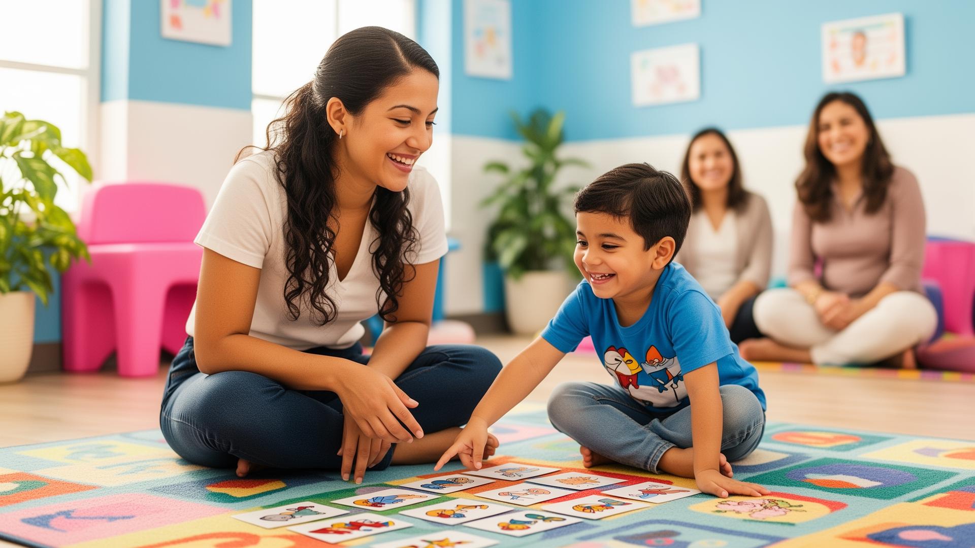 Terapeuta del habla trabajando con niño hispanohablante
